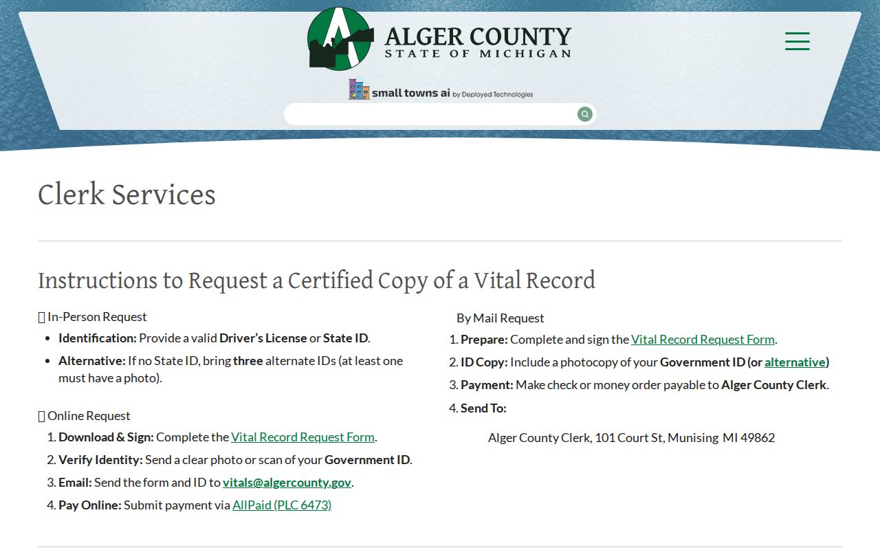 Alger County Sheriff fingerprint service for arrest record self-review