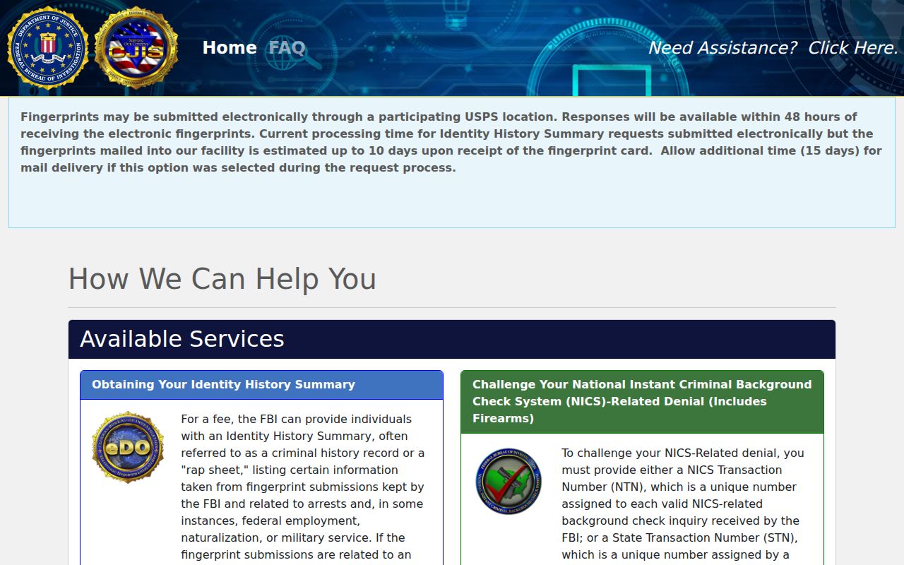 FBI fingerprint identity history portal for an Alger County arrest record self-review