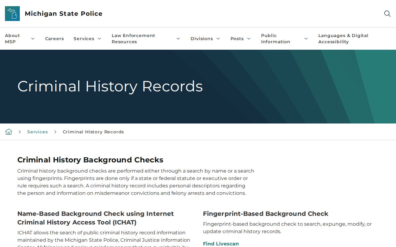 Alger County criminal history guidance from Michigan State Police