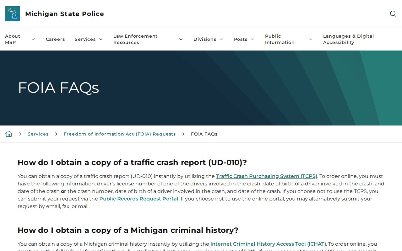 Michigan State Police FOIA guidance for Munising criminal records