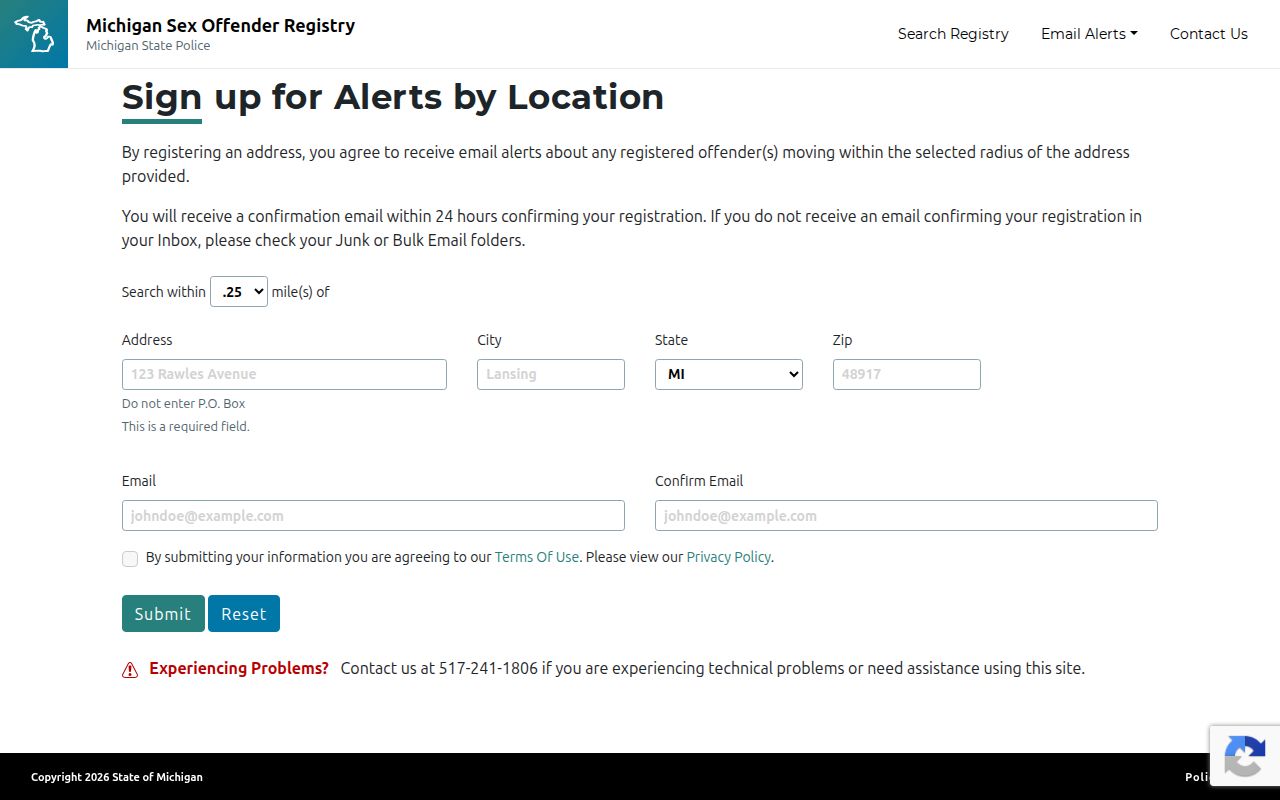 Alger County sex offender registry address alert form and radius selector