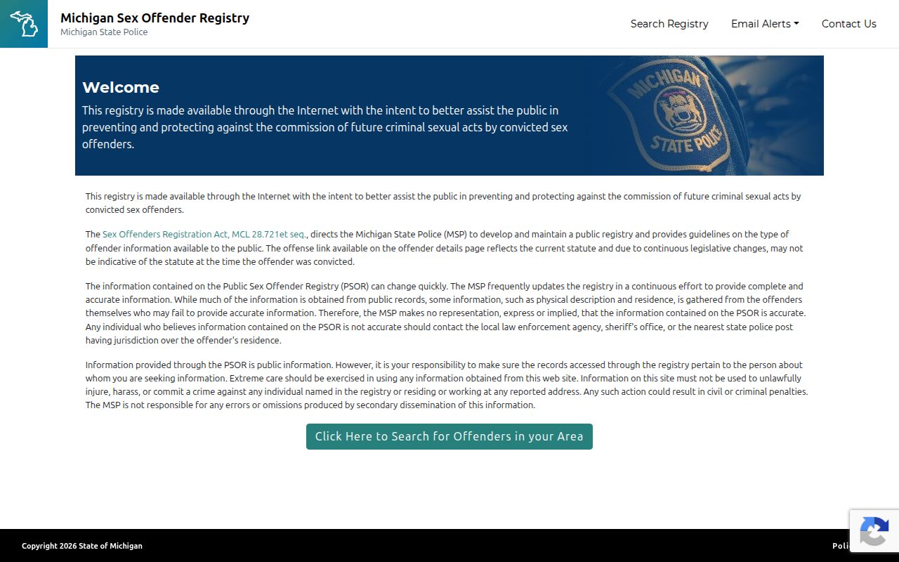 Alger County sex offender lookup fields on the Michigan PSOR search form